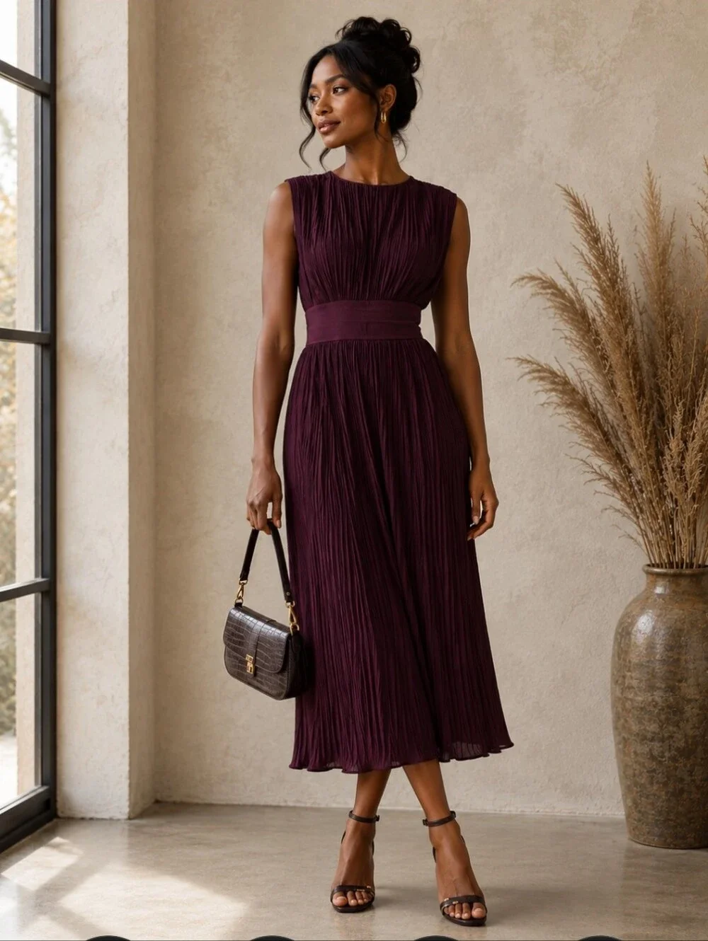 Banana Republic Elegant Sleeveless Pleated Midi Dress in Deep Plum